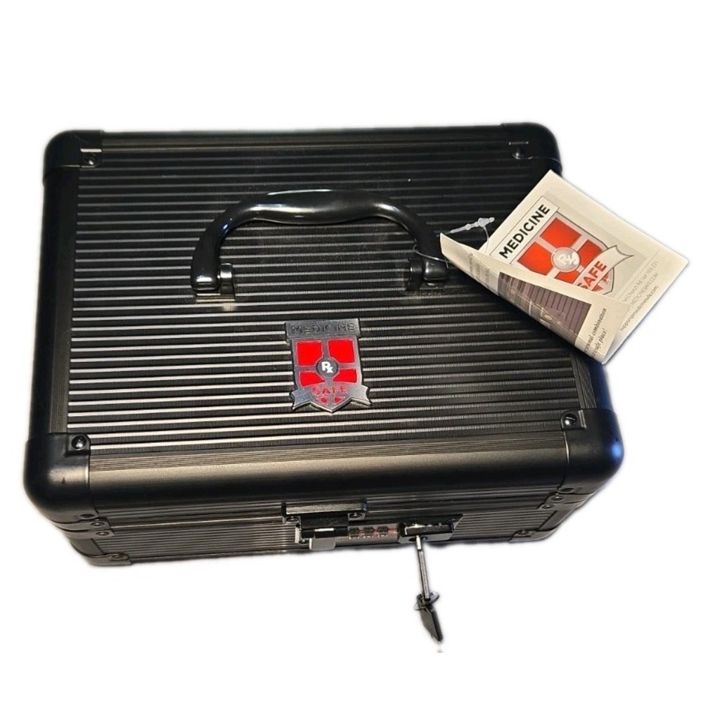 Medicine Rx Safe Lock Box Black Aluminum Medication Travel Carrying Case Dual Ne